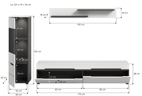 Wohnwand Cooper in wei und grau Wohnkombination 3-teilig hngend / stehend 221 cm