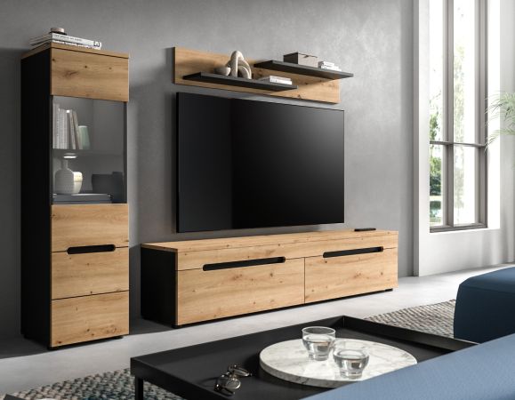 Wohnwand Cooper in Artisan Eiche und grau 3-teilig 220 cm hngend oder stehend, Soft-Close
