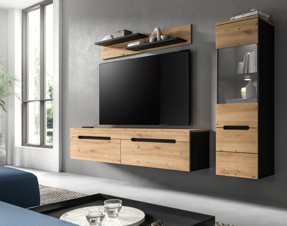 Wohnwand Cooper in Artisan Eiche und grau 3-teilig 220 cm hngend oder stehend, Soft-Close