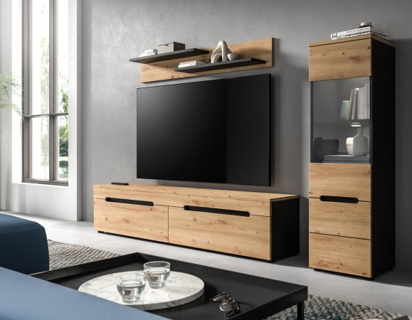 Wohnwand Cooper in Artisan Eiche und grau 3-teilig 220 cm hngend oder stehend, Soft-Close