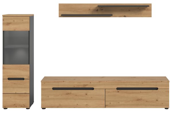 Wohnwand Cooper in Artisan Eiche und grau 3-teilig 220 cm hngend oder stehend, Soft-Close