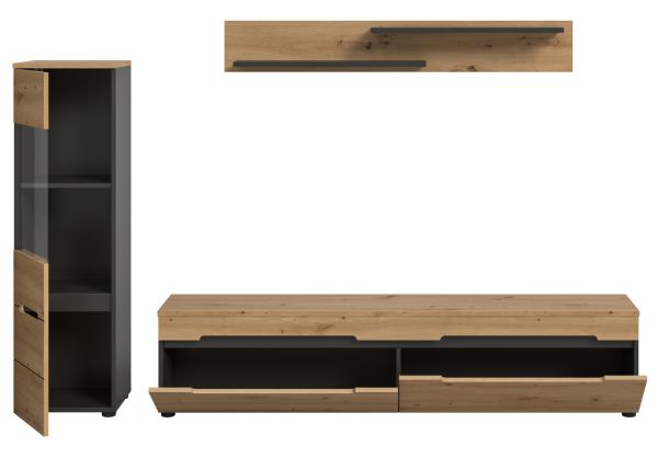 Wohnwand Cooper in Artisan Eiche und grau 3-teilig 220 cm hngend oder stehend, Soft-Close