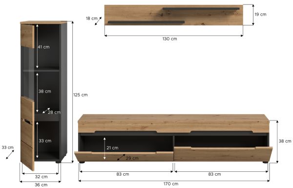 Wohnwand Cooper in Artisan Eiche und grau 3-teilig 220 cm hngend oder stehend, Soft-Close