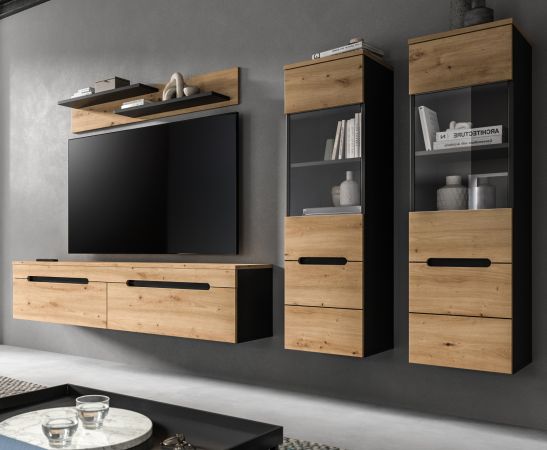 Wohnwand Cooper in Artisan Eiche und grau 4-teilig 270 cm hngend oder stehend, Soft-Close
