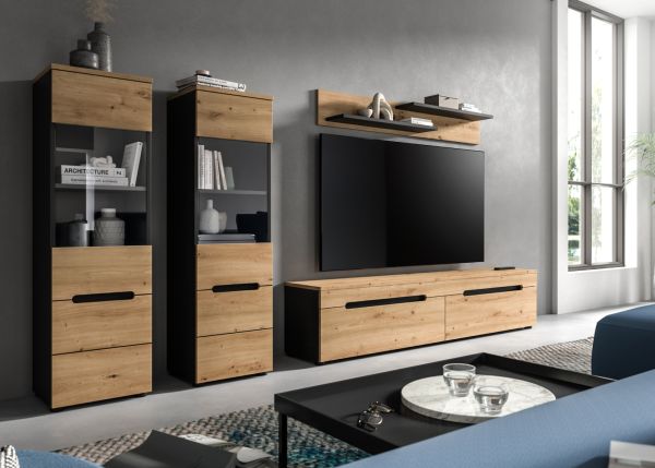 Wohnwand Cooper in Artisan Eiche und grau 4-teilig 270 cm hngend oder stehend, Soft-Close