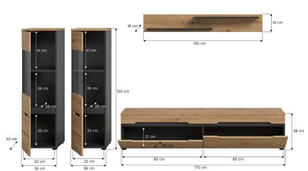 Wohnwand Cooper in Artisan Eiche und grau 4-teilig 270 cm hngend oder stehend, Soft-Close