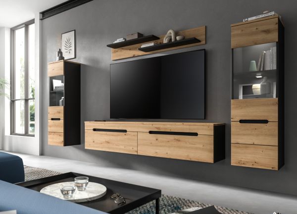 Wohnwand Cooper in Artisan Eiche und grau 4-teilig 270 cm hngend oder stehend, Soft-Close
