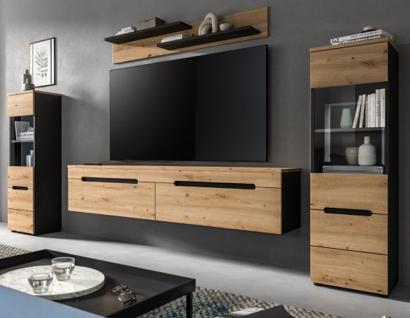 Wohnwand Cooper in Artisan Eiche und grau 4-teilig 270 cm hngend oder stehend, Soft-Close