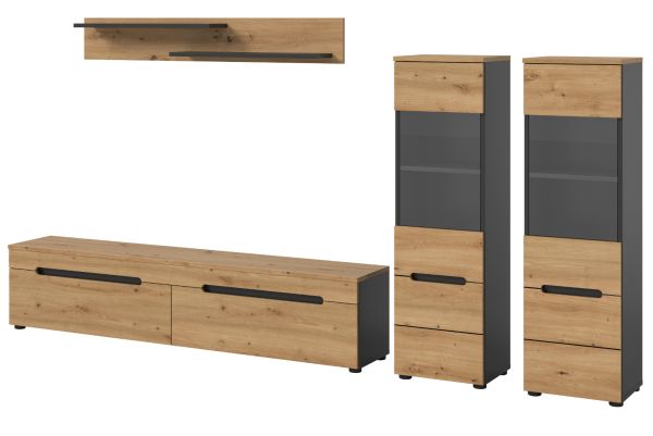 Wohnwand Cooper in Artisan Eiche und grau 4-teilig 270 cm hngend oder stehend, Soft-Close