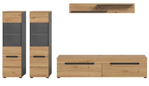 Wohnwand Cooper in Artisan Eiche und grau 4-teilig 270 cm hngend oder stehend, Soft-Close