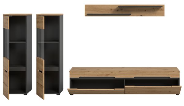 Wohnwand Cooper in Artisan Eiche und grau 4-teilig 270 cm hngend oder stehend, Soft-Close