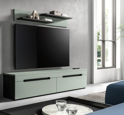 Wohnkombination Cooper in Salbei Grn und Basalt Grau TV-Lowboard hngend / stehend und Wandboard 170 cm