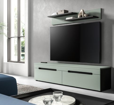 Wohnkombination Cooper in Salbei Grn und Basalt Grau TV-Lowboard hngend / stehend und Wandboard 170 cm