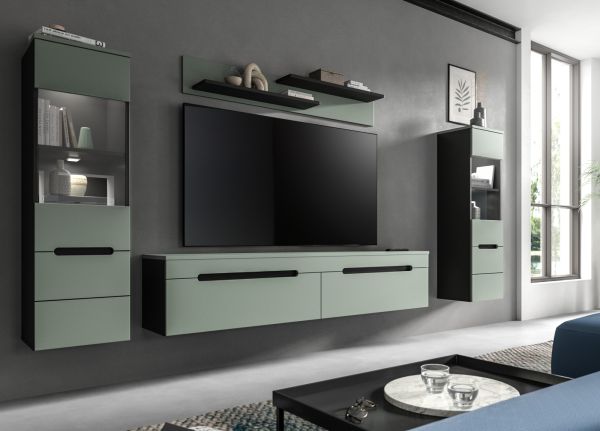 Wohnkombination Cooper in Salbei Grn und Basalt Grau TV-Lowboard hngend / stehend und Wandboard 170 cm