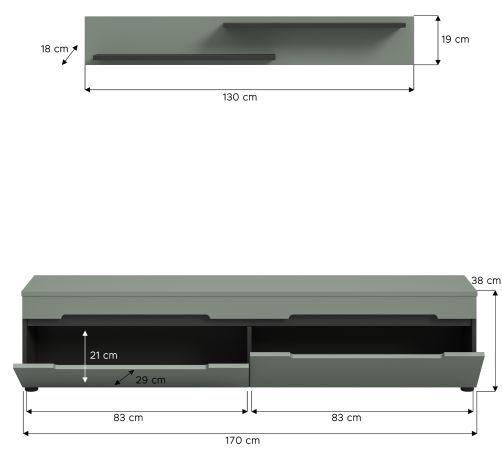 Wohnkombination Cooper in Salbei Grn und Basalt Grau TV-Lowboard hngend / stehend und Wandboard 170 cm