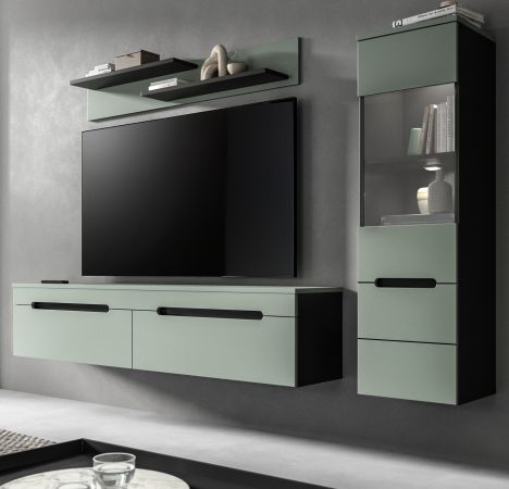 Wohnwand Cooper Salbei Grn und Basalt Grau 3-teilig hngend / stehend 221 cm, Soft-Close