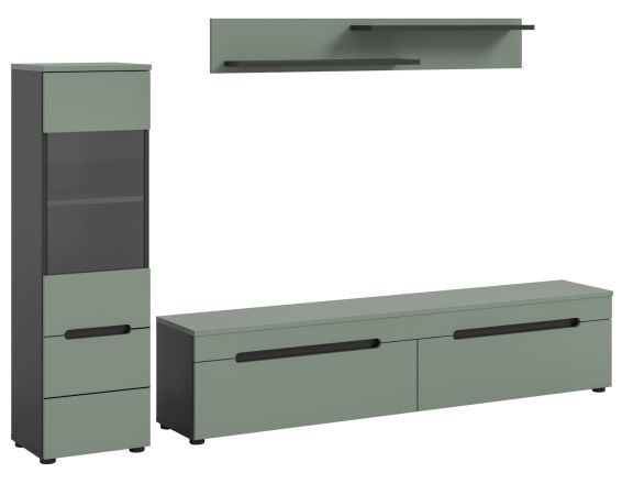 Wohnwand Cooper Salbei Grn und Basalt Grau 3-teilig hngend / stehend 221 cm, Soft-Close