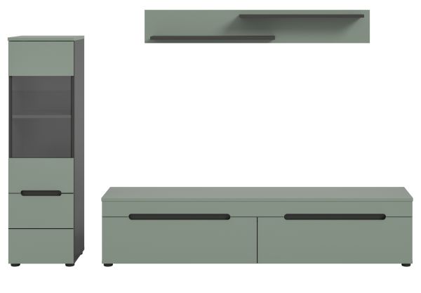 Wohnwand Cooper Salbei Grn und Basalt Grau 3-teilig hngend / stehend 221 cm, Soft-Close