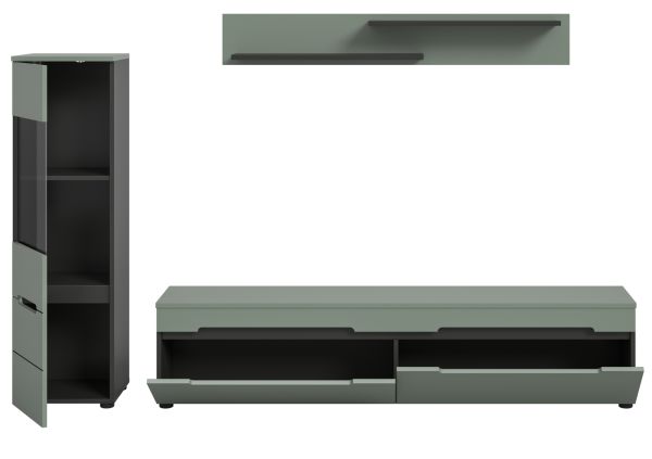 Wohnwand Cooper Salbei Grn und Basalt Grau 3-teilig hngend / stehend 221 cm, Soft-Close