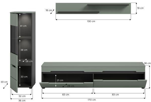 Wohnwand Cooper Salbei Grn und Basalt Grau 3-teilig hngend / stehend 221 cm, Soft-Close