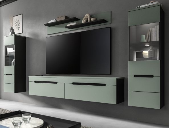 Wohnwand Cooper Salbei Grn und Basalt Grau 4-teilig hngend / stehend 272 cm, Soft-Close