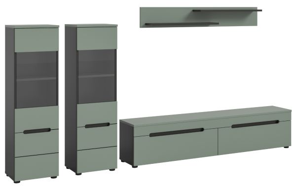 Wohnwand Cooper Salbei Grn und Basalt Grau 4-teilig hngend / stehend 272 cm, Soft-Close