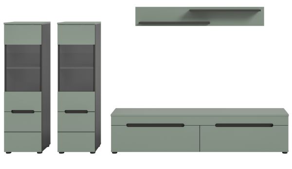 Wohnwand Cooper Salbei Grn und Basalt Grau 4-teilig hngend / stehend 272 cm, Soft-Close
