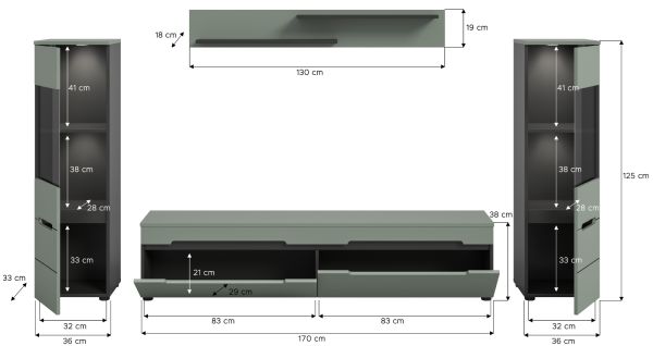 Wohnwand Cooper Salbei Grn und Basalt Grau 4-teilig hngend / stehend 272 cm, Soft-Close