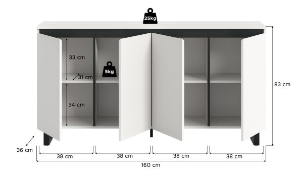 Sideboard Gelia in wei und schwarz Kommode 160 x 84 cm, Soft-Close