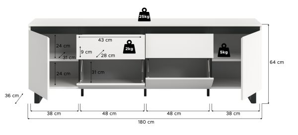 TV-Lowboard Gelia in wei� und schwarz TV Unterteil 188 x 65 cm, Soft-Close und Komforth�he