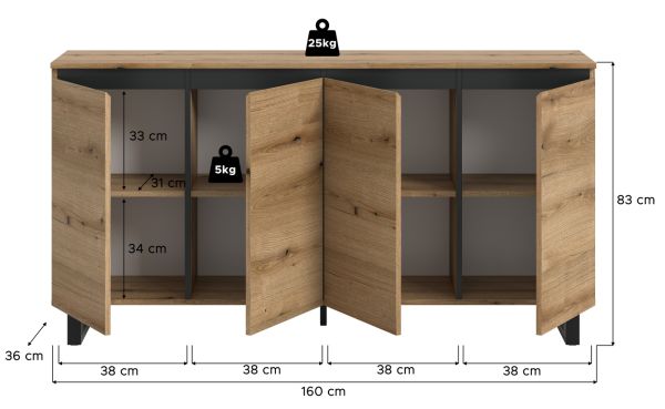 Sideboard Gelia in Evoke Eiche und schwarz Kommode 160 x 84 cm, Soft-Close