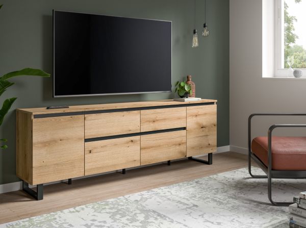 TV-Lowboard Gelia in Evoke Eiche und schwarz TV Unterteil 188 x 65 cm, Soft-Close und Komforthhe