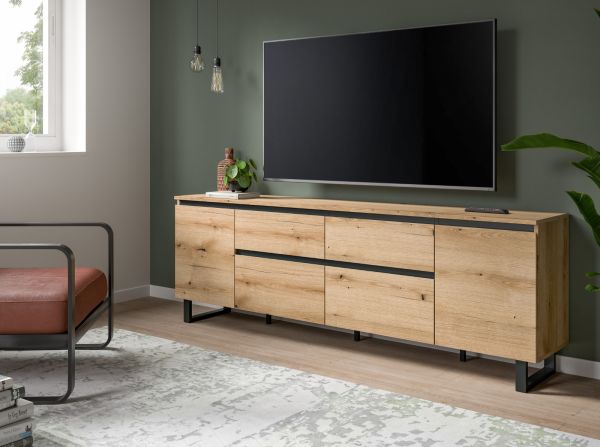 TV-Lowboard Gelia in Evoke Eiche und schwarz TV Unterteil 188 x 65 cm, Soft-Close und Komforthhe