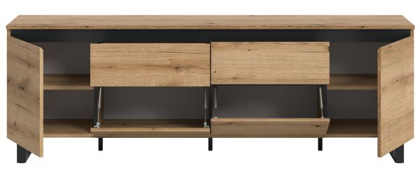 TV-Lowboard Gelia in Evoke Eiche und schwarz TV Unterteil 188 x 65 cm, Soft-Close und Komforthhe