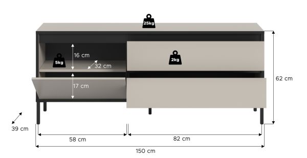 TV-Lowboard Torello in kaschmir und schwarz TV Unterteil mit Komforthhe 150 x 62 cm