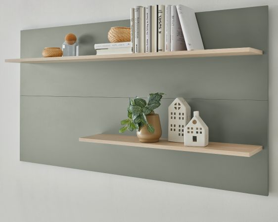 Wandpaneel Center in Salbei und Barista Eiche Wandregal 155 x 80 cm