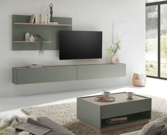 Wohnwand Center in Salbei und Barista Eiche Wohnkombination Set 3-teilig 300 cm