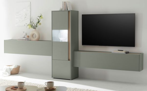 Wohnwand Center in Salbei und Barista Eiche Wohnkombination Set 3-teilig 350 cm