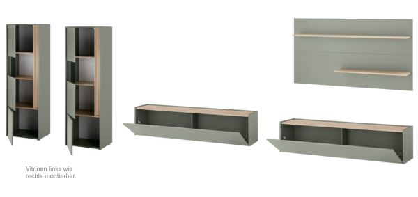 Wohnwand Center in Salbei und Barista Eiche Wohnkombination Set 5-teilig mit XXL-TV-Schrank 440 cm