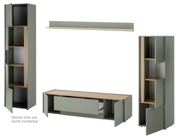 Wohnwand Center in Salbei und Barista Eiche Wohnkombination Set 4-teilig 310 cm