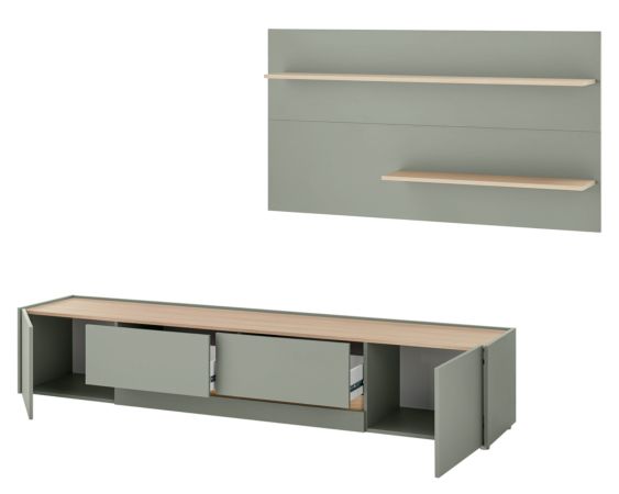 Wohnwand Center in Salbei und Barista Eiche Wohnkombination Set 2-teilig 300 cm