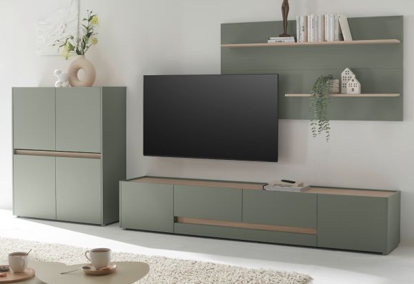 Wohnwand Center in Salbei und Barista Eiche Wohnkombination Set 3-teilig 340 cm
