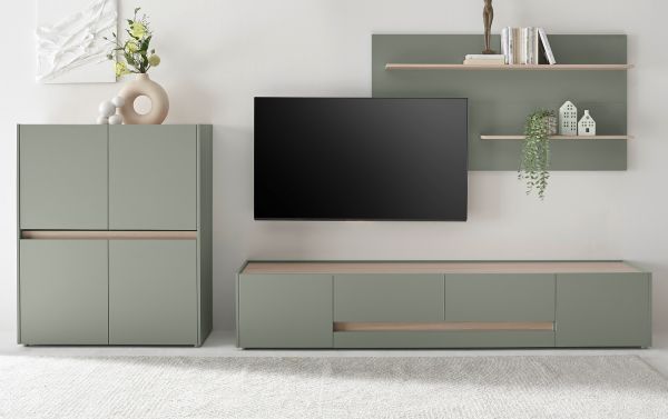 Wohnwand Center in Salbei und Barista Eiche Wohnkombination Set 3-teilig 340 cm
