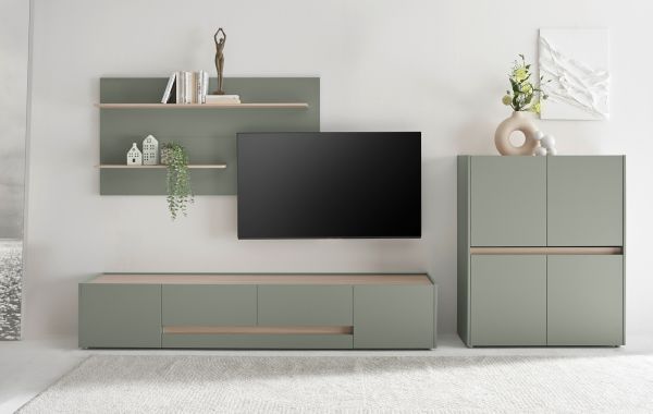 Wohnwand Center in Salbei und Barista Eiche Wohnkombination Set 3-teilig 340 cm