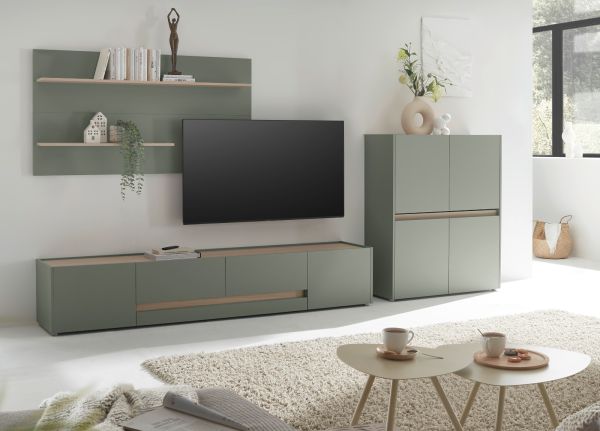 Wohnwand Center in Salbei und Barista Eiche Wohnkombination Set 3-teilig 340 cm
