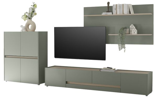 Wohnwand Center in Salbei und Barista Eiche Wohnkombination Set 3-teilig 340 cm