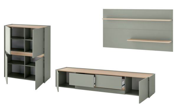 Wohnwand Center in Salbei und Barista Eiche Wohnkombination Set 3-teilig 340 cm