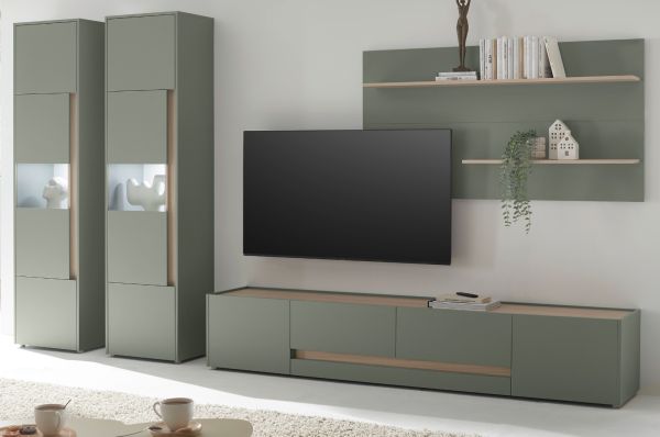 Wohnwand Center in Salbei und Barista Eiche Wohnkombination Set 4-teilig mit XL-TV-Schrank 400 cm