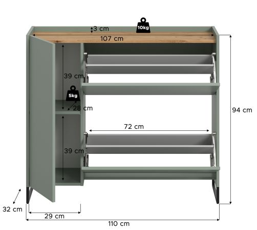 Schuhkipper Borga in Salbei und Artisan Eiche Schuhschrank 110 x 94 cm, Soft-Close