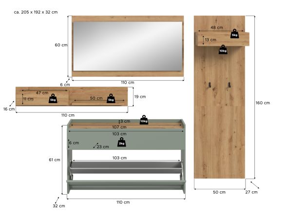 Garderobe Set 4-teilig Borga in Salbei und Artisan Eiche 205 x 192 cm